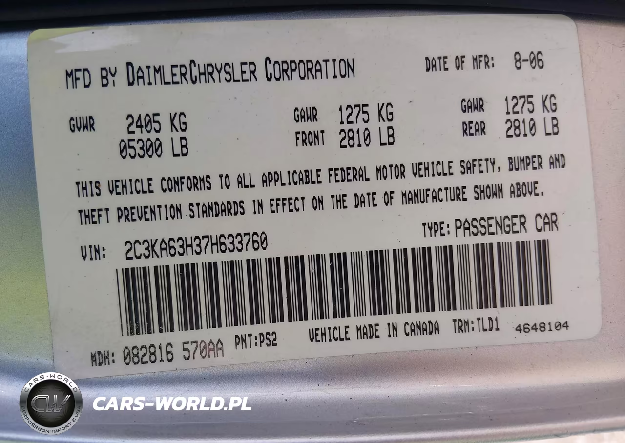 2007 Chrysler 300C VIN:2C3KA63H37H633760 - 9