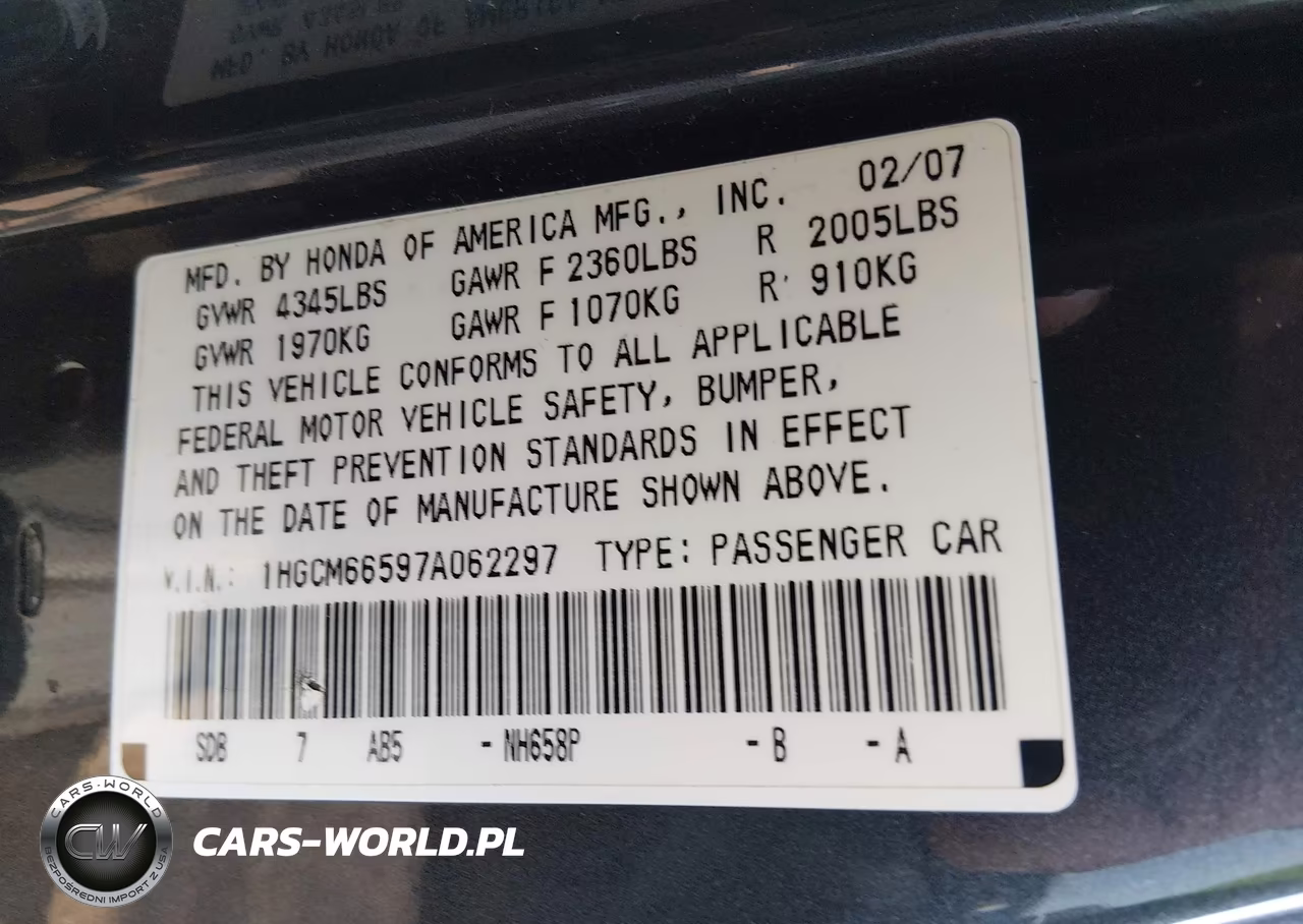 2007 Honda Accord 3.0 Ex VIN:1HGCM66597A062297 - 9