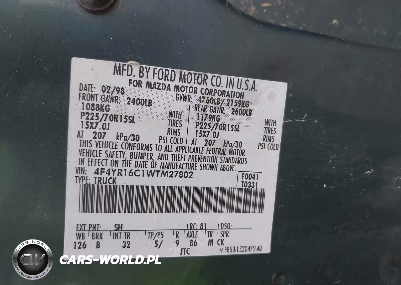 1998 Mazda B2500 Se VIN:4F4YR16C1WTM27802 - 9