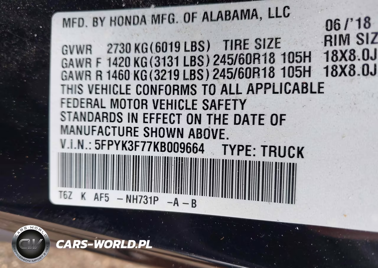2019 Honda Ridgeline Rtl-E VIN:5FPYK3F77KB009664 - 9