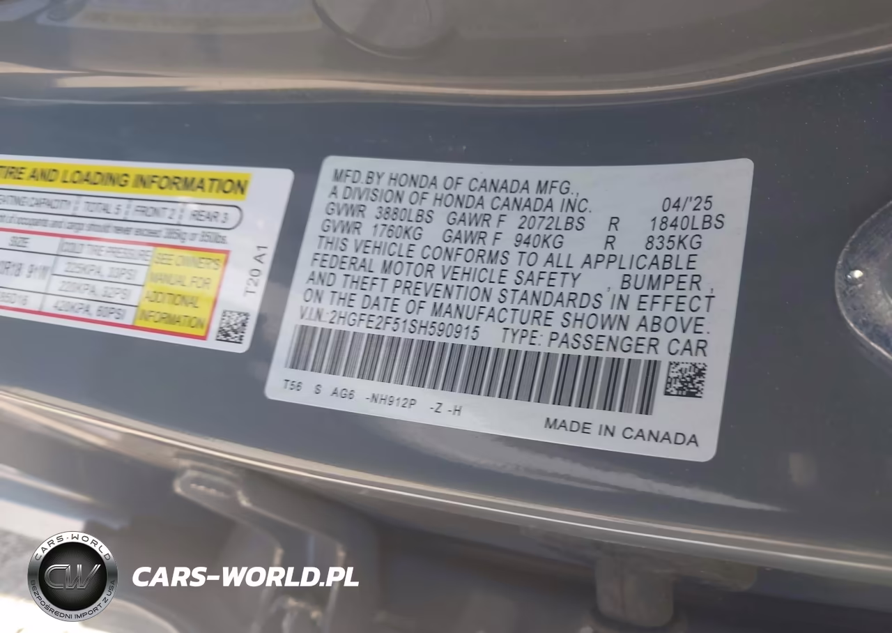2025 Honda Civic Sport VIN:2HGFE2F51SH590915 - 9