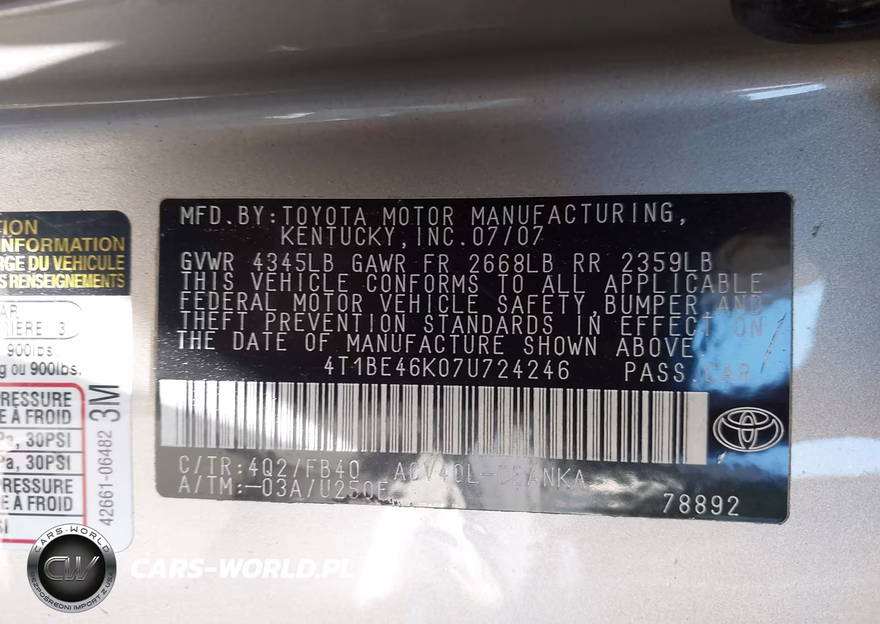 2007 Toyota Camry Le VIN:4T1BE46K07U724246 - 9