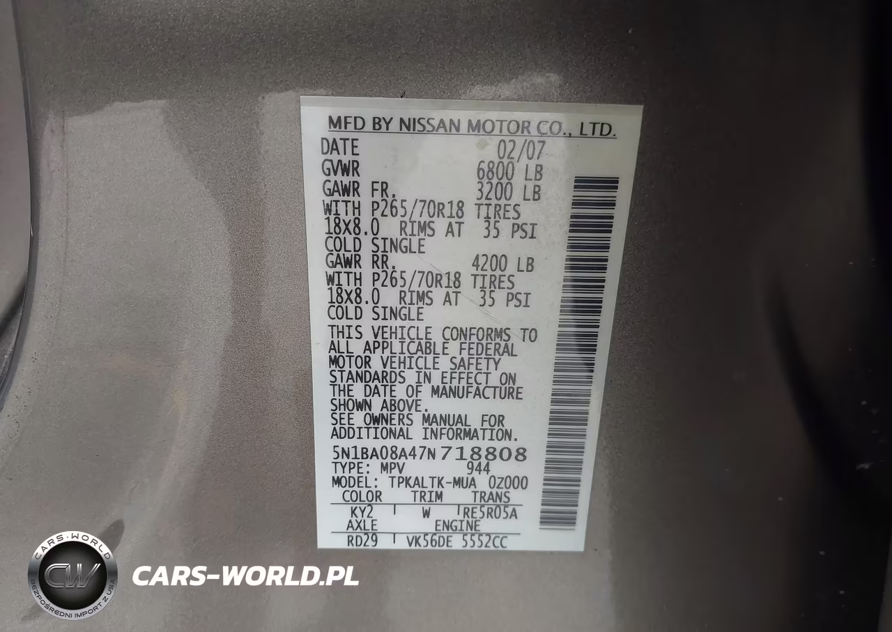 2007 Nissan Armada Se VIN:5N1BA08A47N718808 - 9