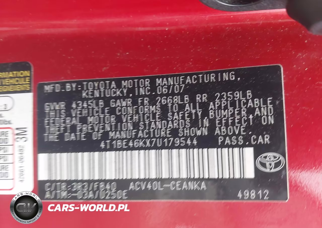 2007 Toyota Camry Le VIN:4T1BE46KX7U179544 - 9