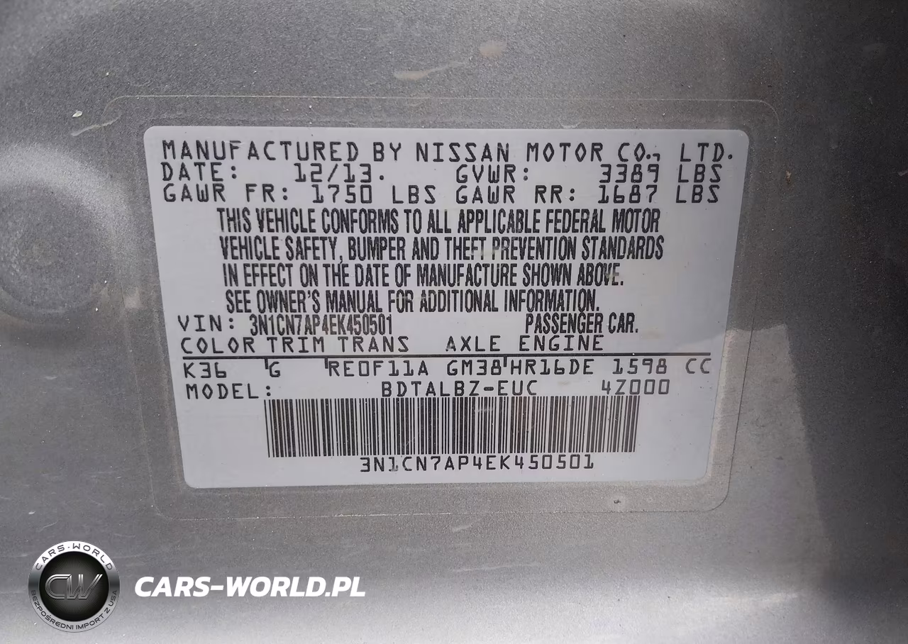 2014 Nissan Versa 1.6 S-1.6 S+-1.6 Sl-1.6 Sv-S VIN:3N1CN7AP4EK450501 - 9