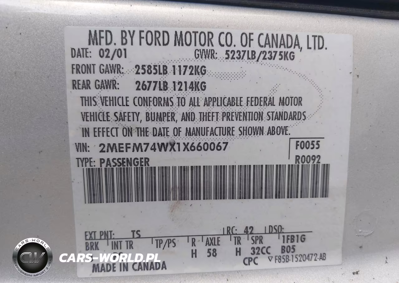 2001 Mercury Grand Marquis Gs VIN:2MEFM74WX1X660067 - 9