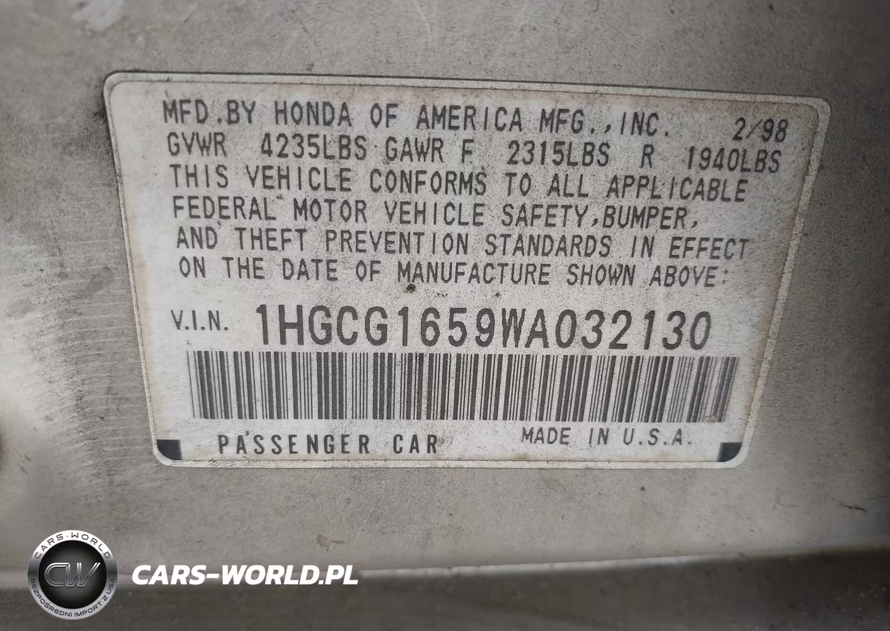 1998 Honda Accord Ex V6 VIN:1HGCG1659WA032130 - 9
