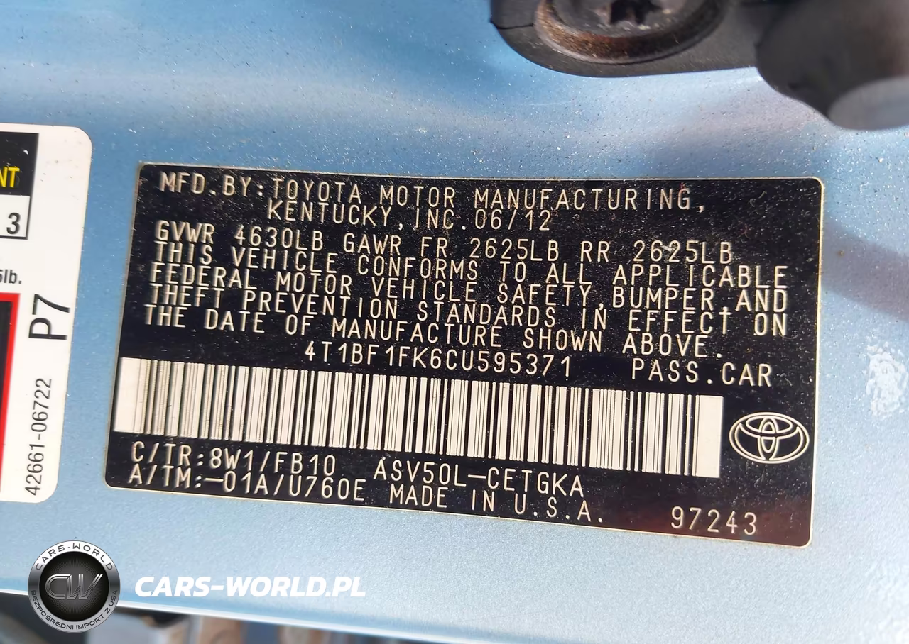 2012 Toyota Camry Xle VIN:4T1BF1FK6CU595371 - 9