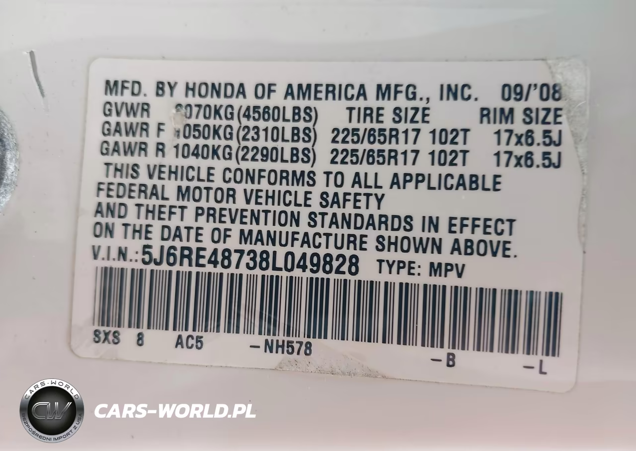 2008 Honda Cr-V Ex-L VIN:5J6RE48738L049828 - 9