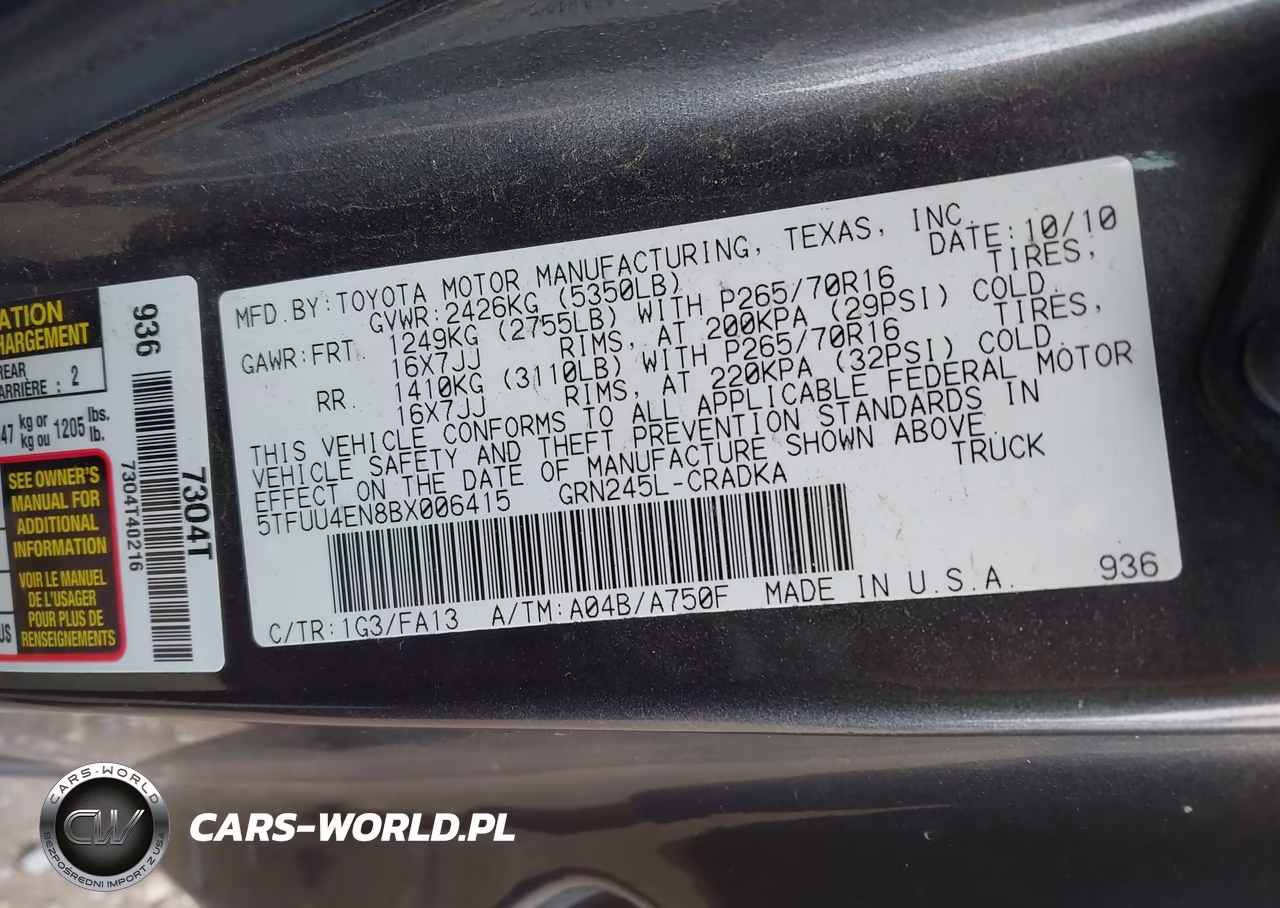 2011 Toyota Tacoma Base V6 VIN:5TFUU4EN8BX006415 - 9
