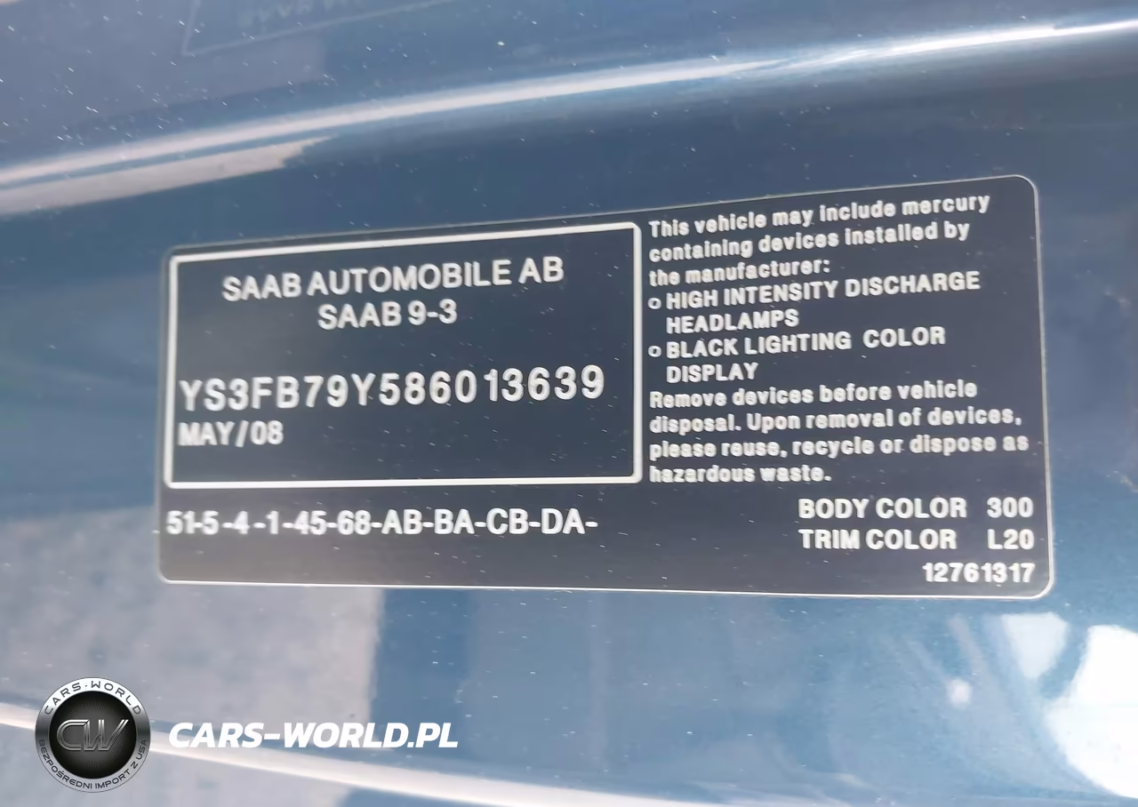 2008 Saab 9-3 2.0T VIN:YS3FB79Y586013639 - 9