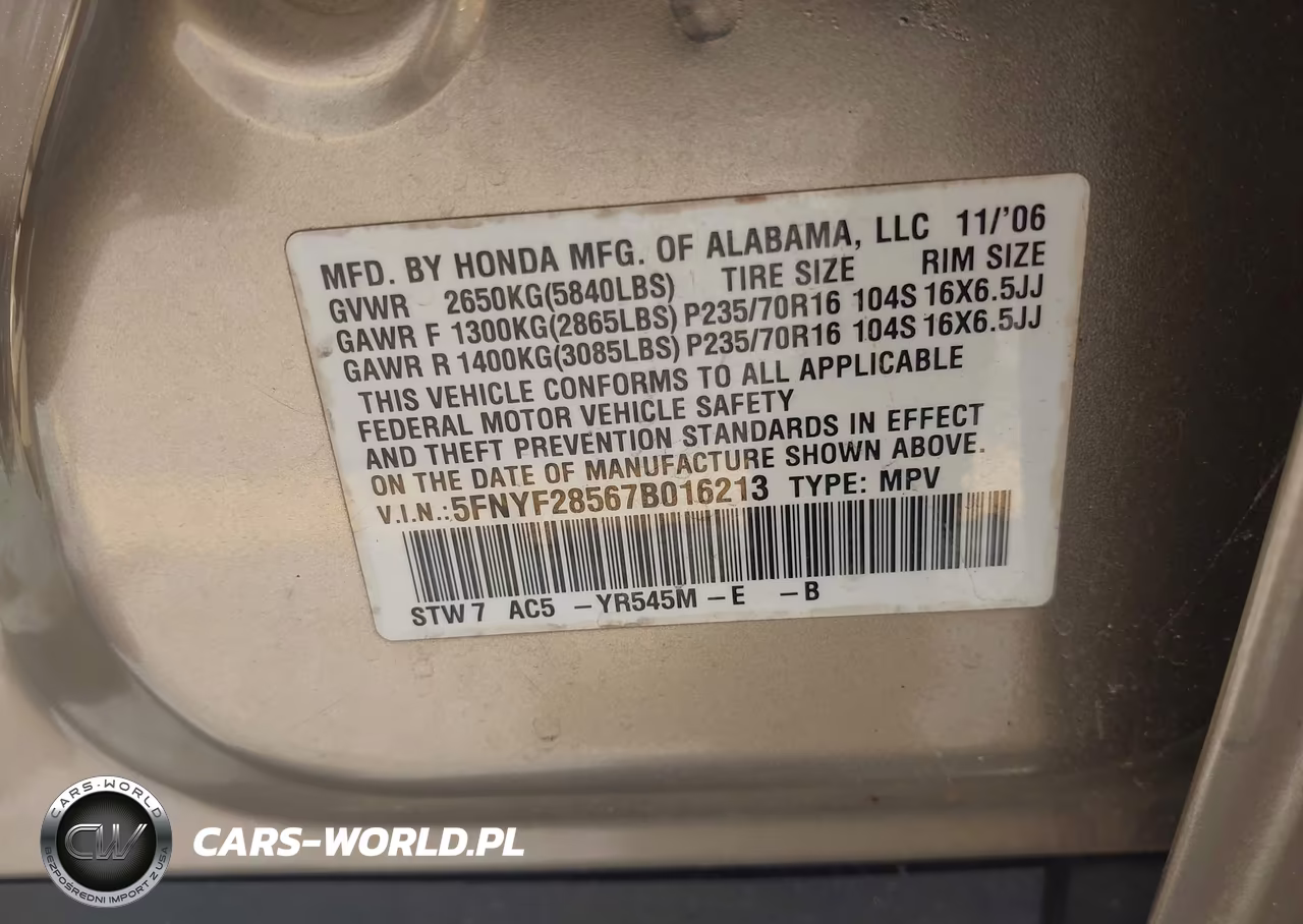 2007 Honda Pilot Ex-L VIN:5FNYF28567B016213 - 9