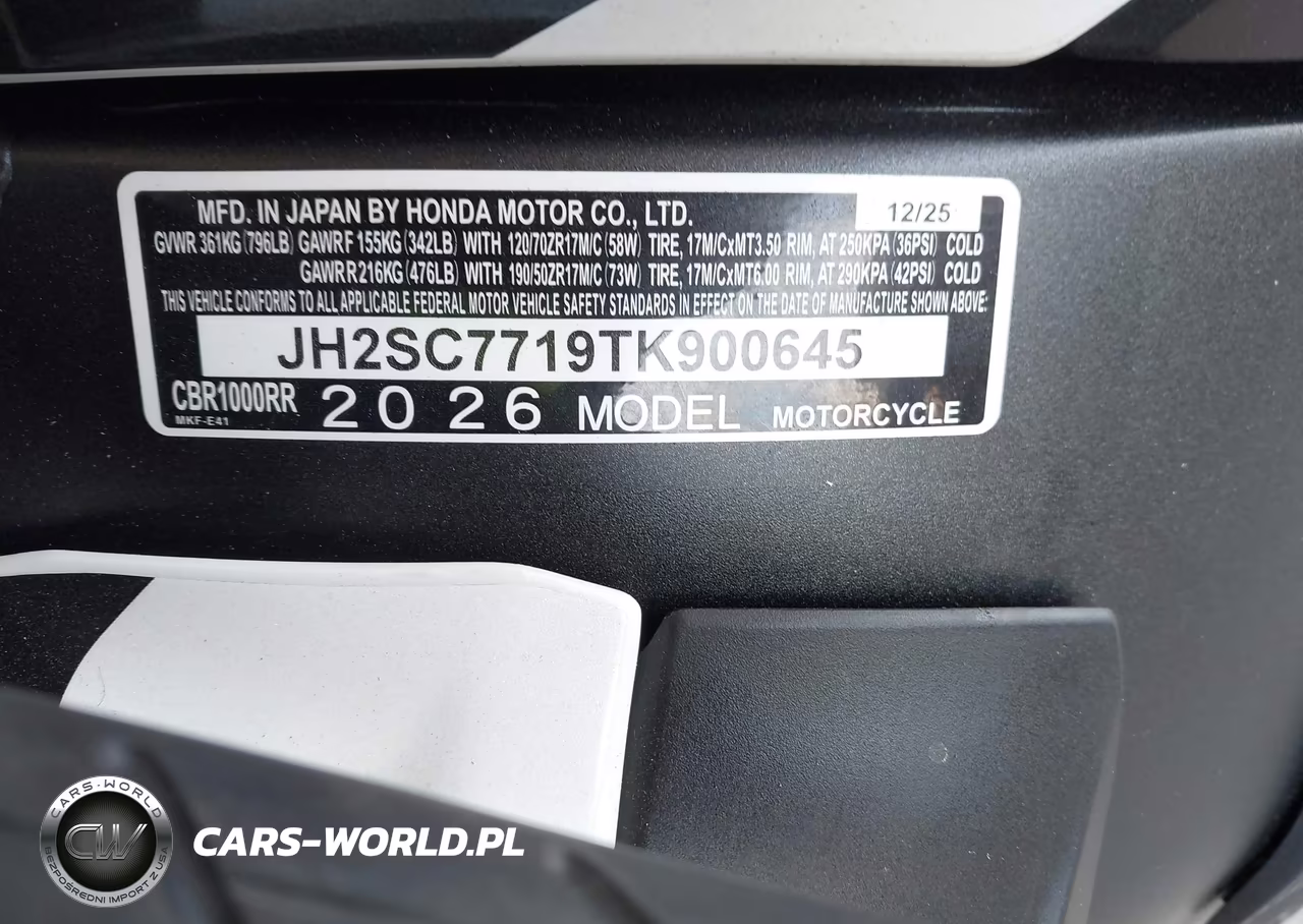 2026 Honda Cbr1000 Rr VIN:JH2SC7719TK900645 - 10