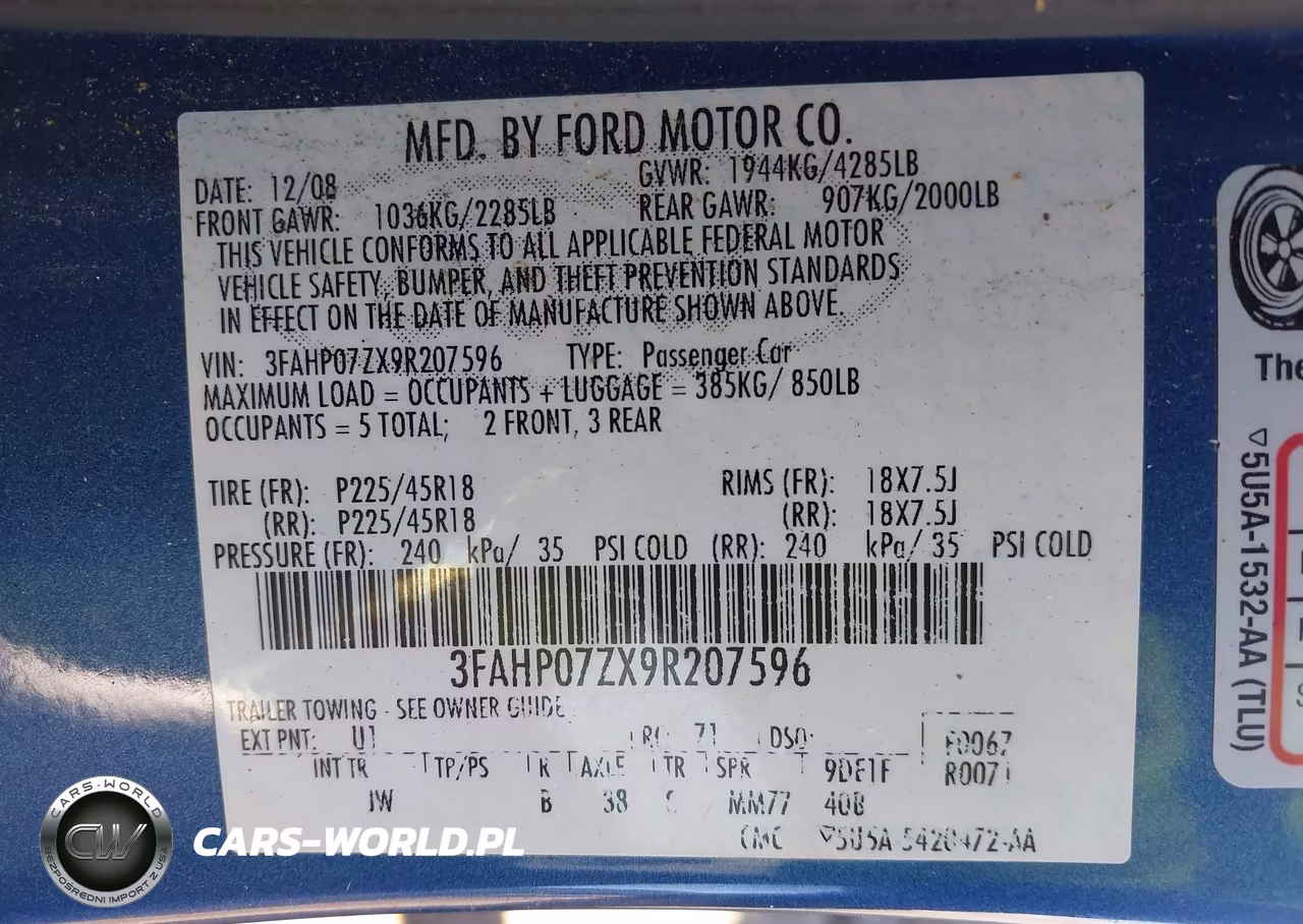 2009 Ford Fusion Se VIN:3FAHP07ZX9R207596 - 9