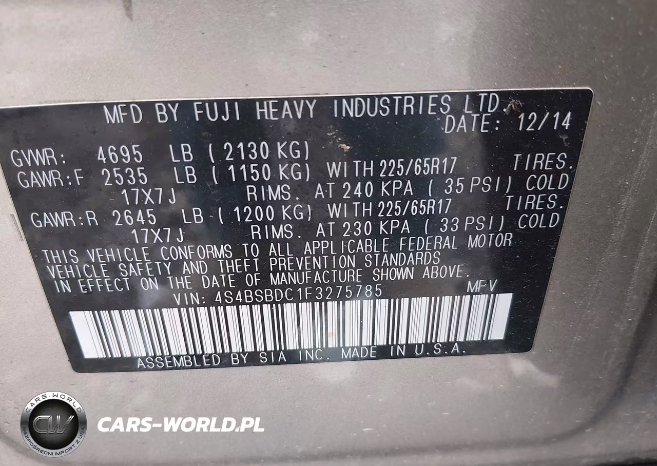 2015 Subaru Outback 2.5I Premium VIN:4S4BSBDC1F3275785 - 9