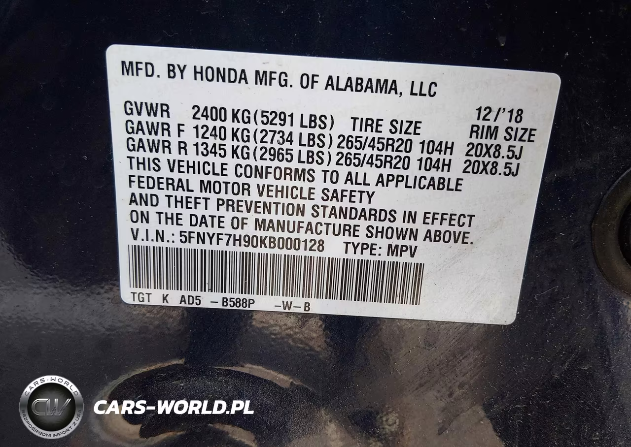 2019 Honda Passport Touring VIN:5FNYF7H90KB000128 - 9