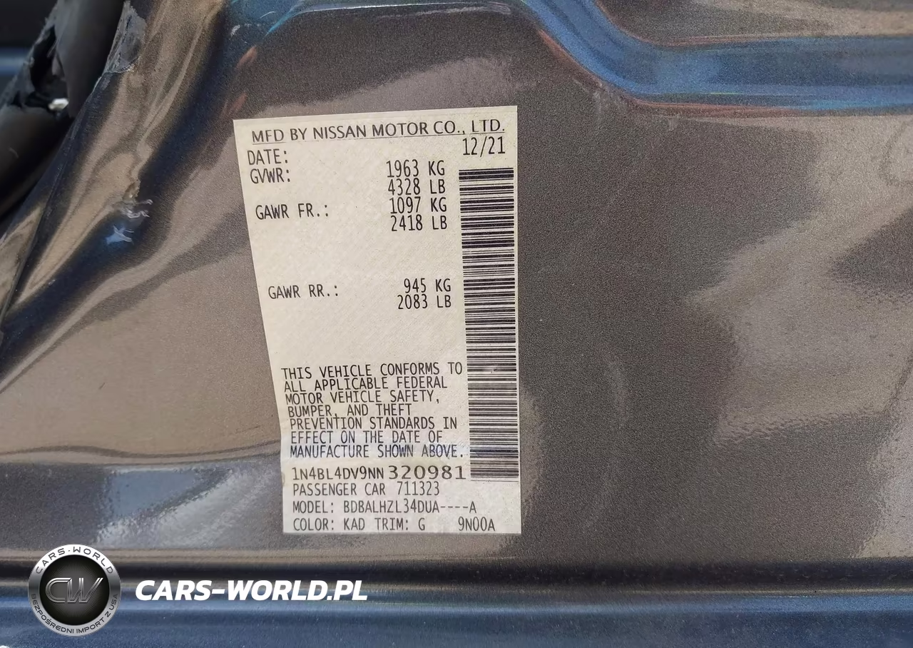 2022 Nissan Altima Sv Fwd VIN:1N4BL4DV9NN320981 - 9