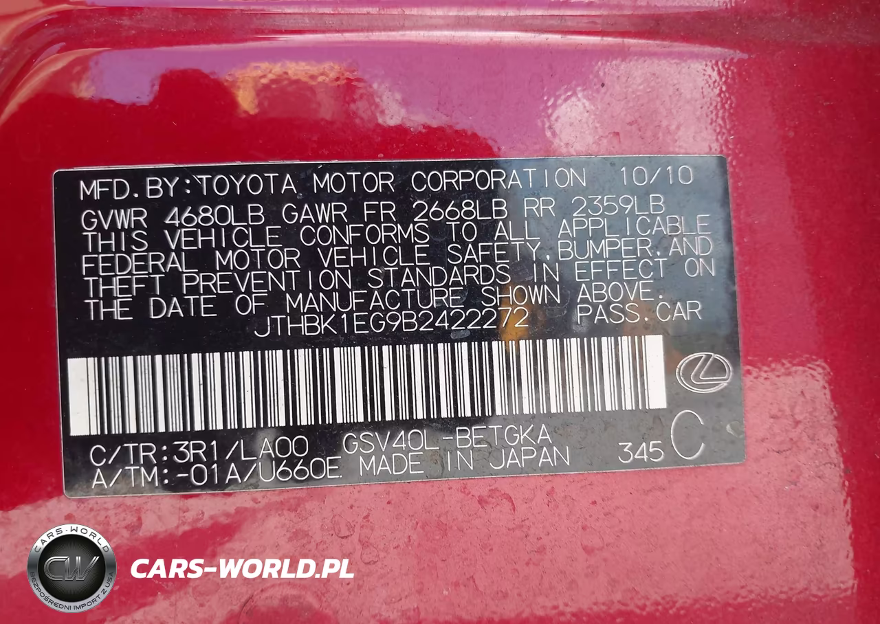 2011 Lexus Es 350 VIN:JTHBK1EG9B2422272 - 9