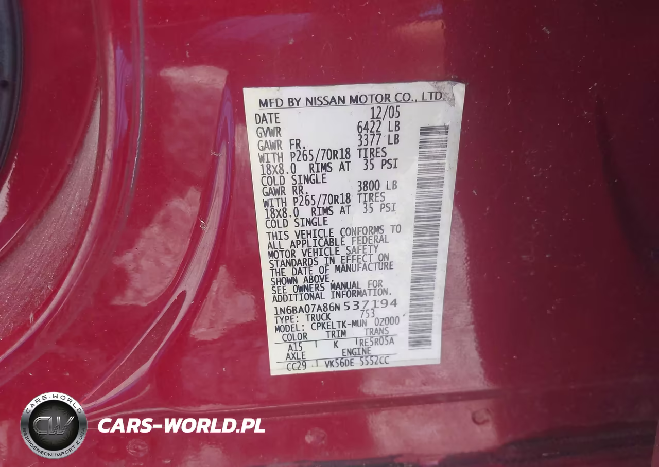 2006 Nissan Titan Se VIN:1N6BA07A86N537194 - 9