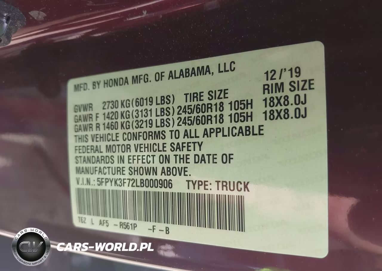 2020 Honda Ridgeline Rtl-E VIN:5FPYK3F72LB000906 - 9