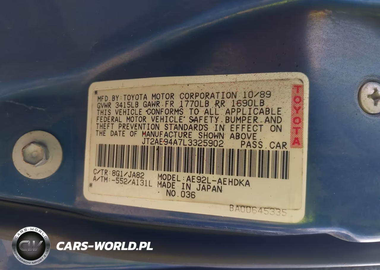 1990 Toyota Corolla Dlx VIN:JT2AE94A7L3325902 - 9