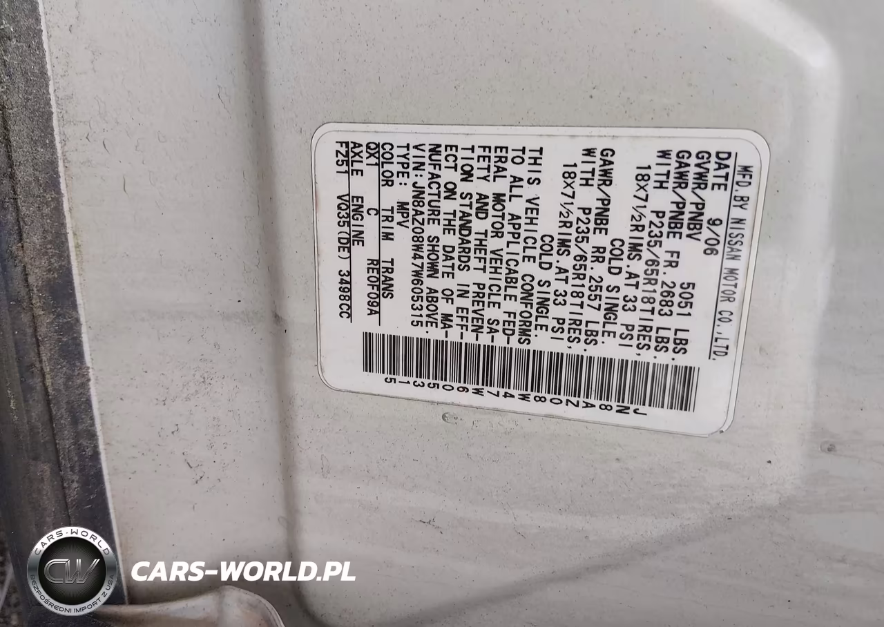 2007 Nissan Murano Sl VIN:JN8AZ08W47W605315 - 9