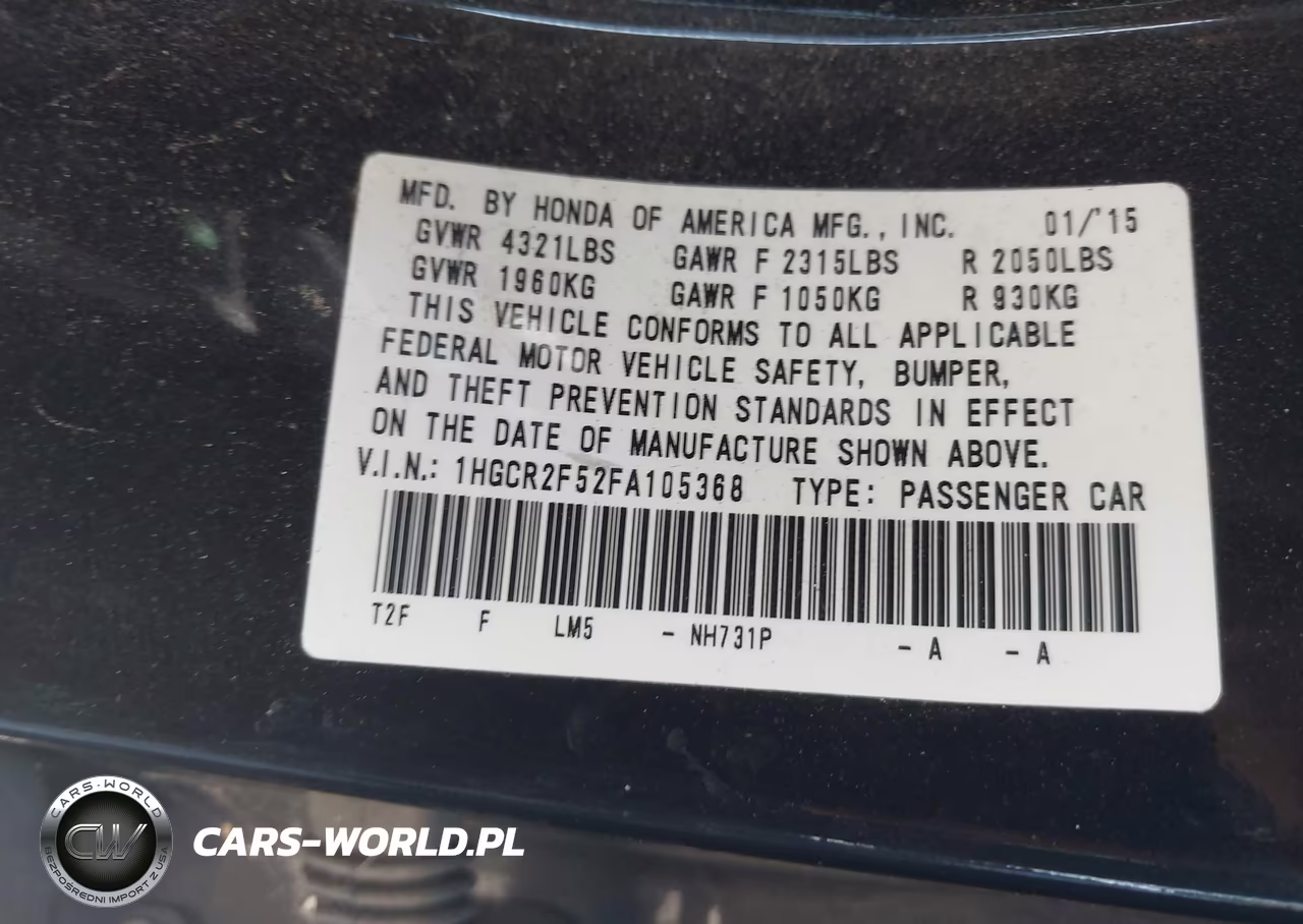 2015 Honda Accord Sport VIN:1HGCR2F52FA105368 - 9