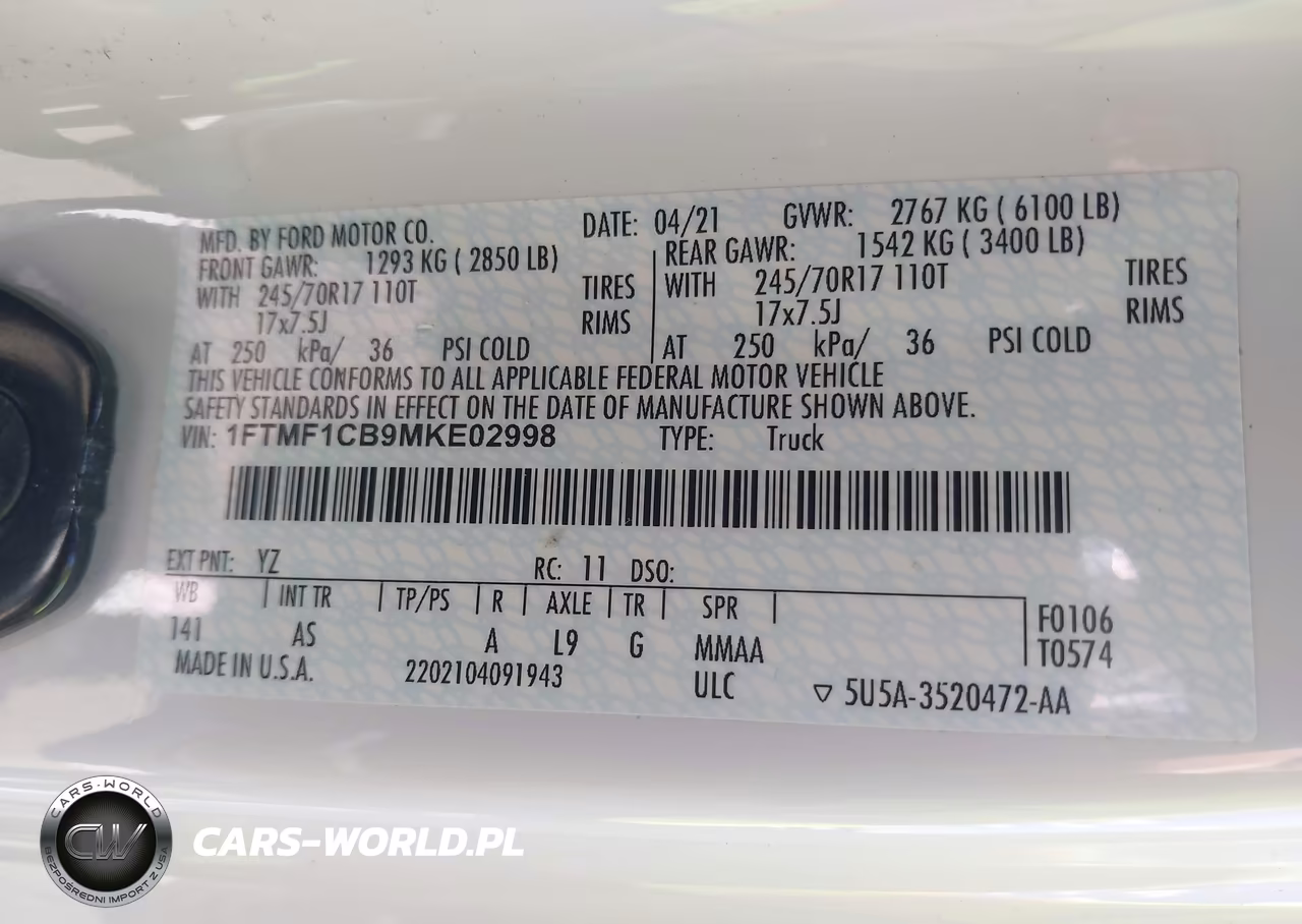 2021 Ford F-150 Xl VIN:1FTMF1CB9MKE02998 - 9
