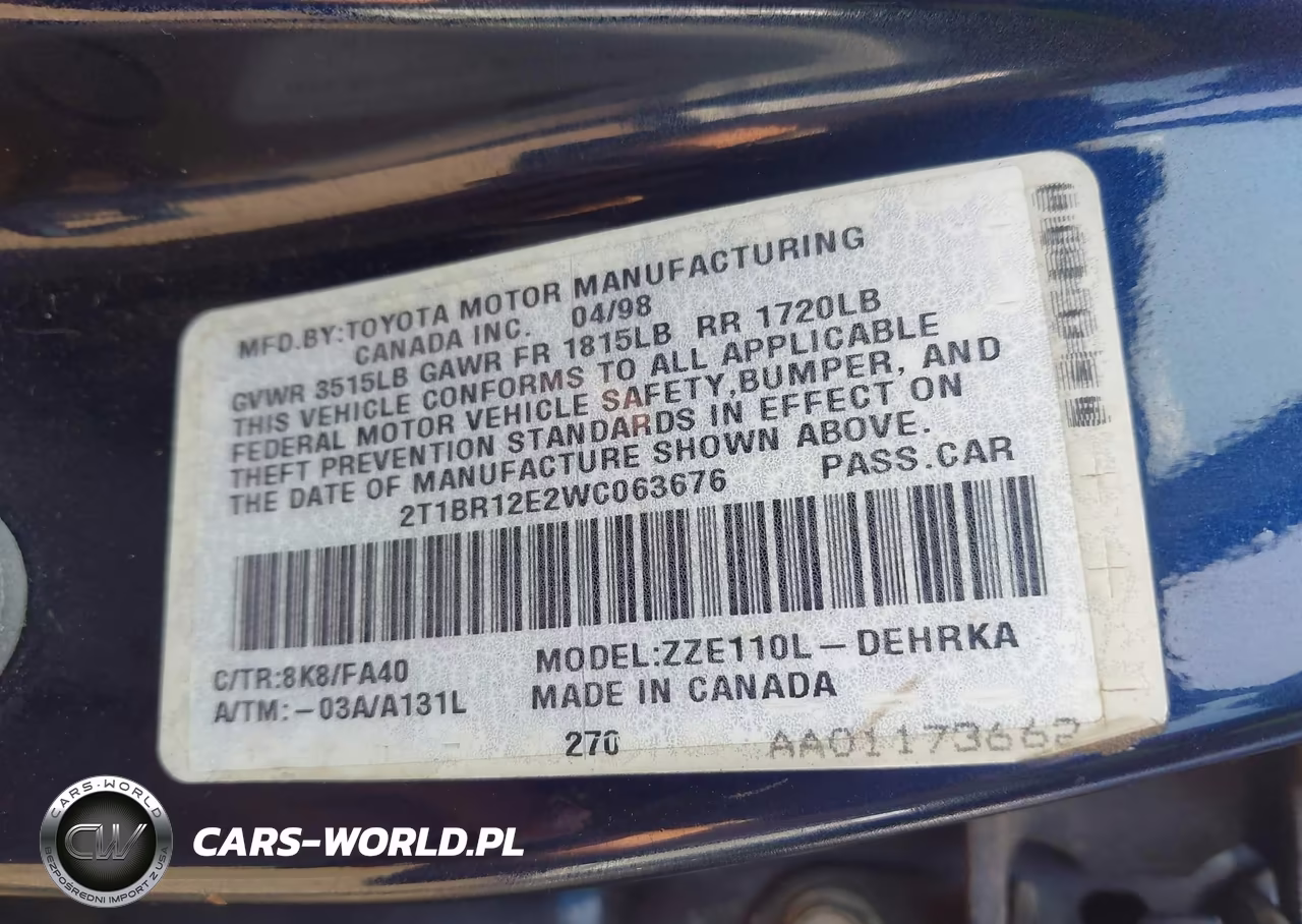 1998 Toyota Corolla Ve VIN:2T1BR12E2WC063676 - 9