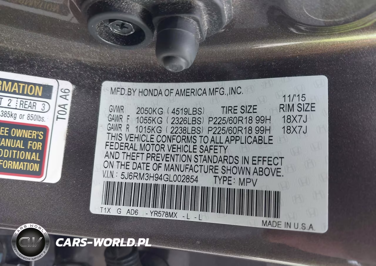2016 Honda Cr-V Touring VIN:5J6RM3H94GL002854 - 9