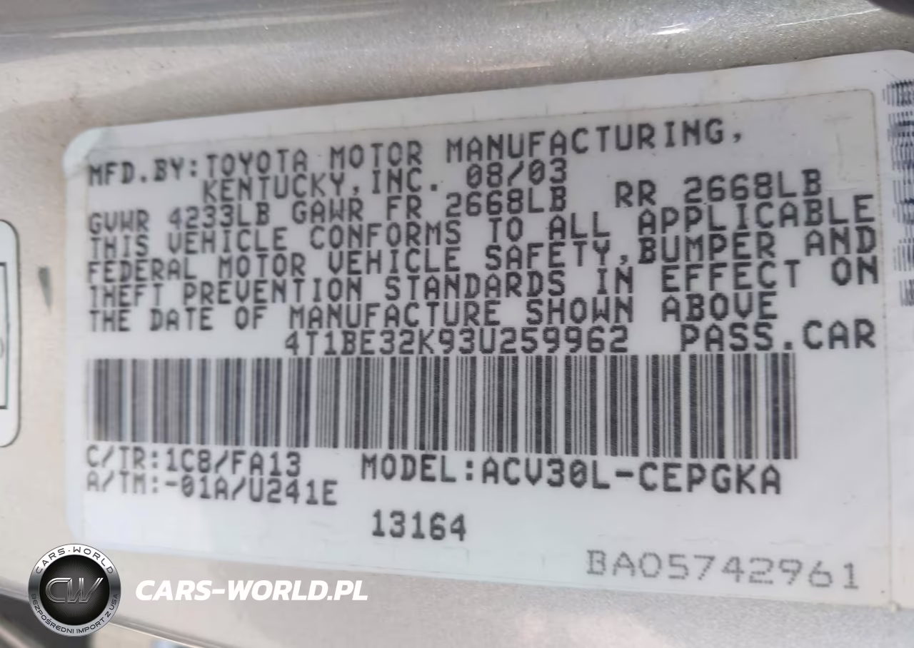 2003 Toyota Camry Xle VIN:4T1BE32K93U259962 - 9