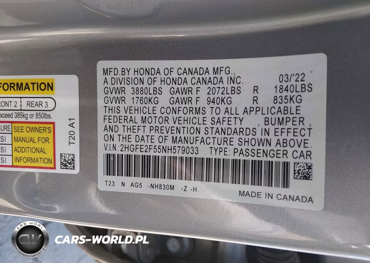2022 Honda Civic Sport VIN:2HGFE2F55NH579033 - 9