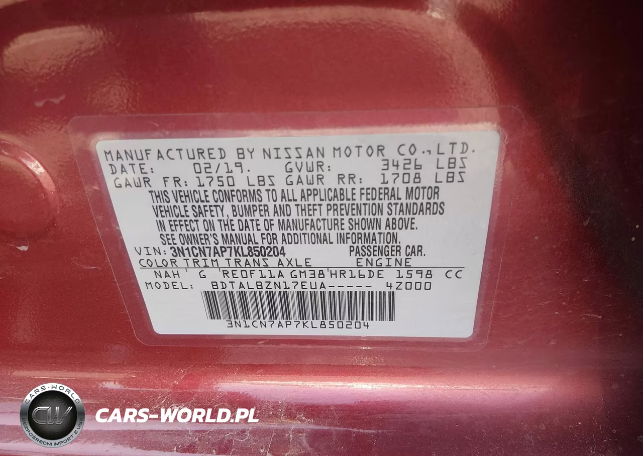 2019 Nissan Versa 1.6 Sv VIN:3N1CN7AP7KL850204 - 9