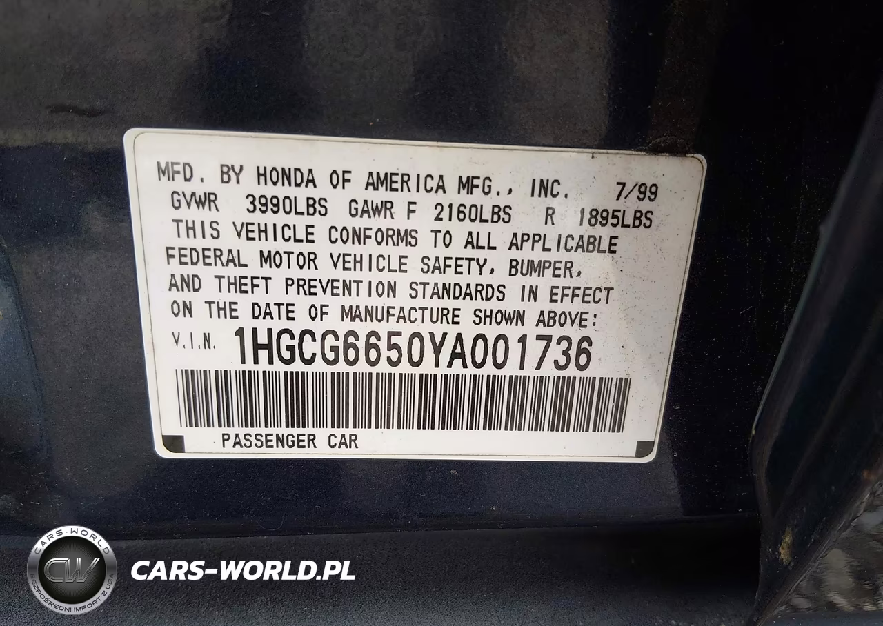 2000 Honda Accord 2.3 Lx VIN:1HGCG6650YA001736 - 9