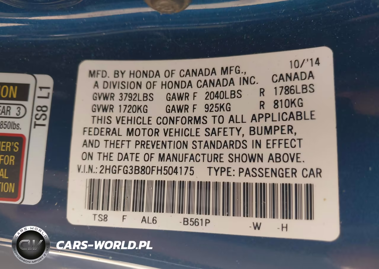 2015 Honda Civic Ex VIN:2HGFG3B80FH504175 - 9