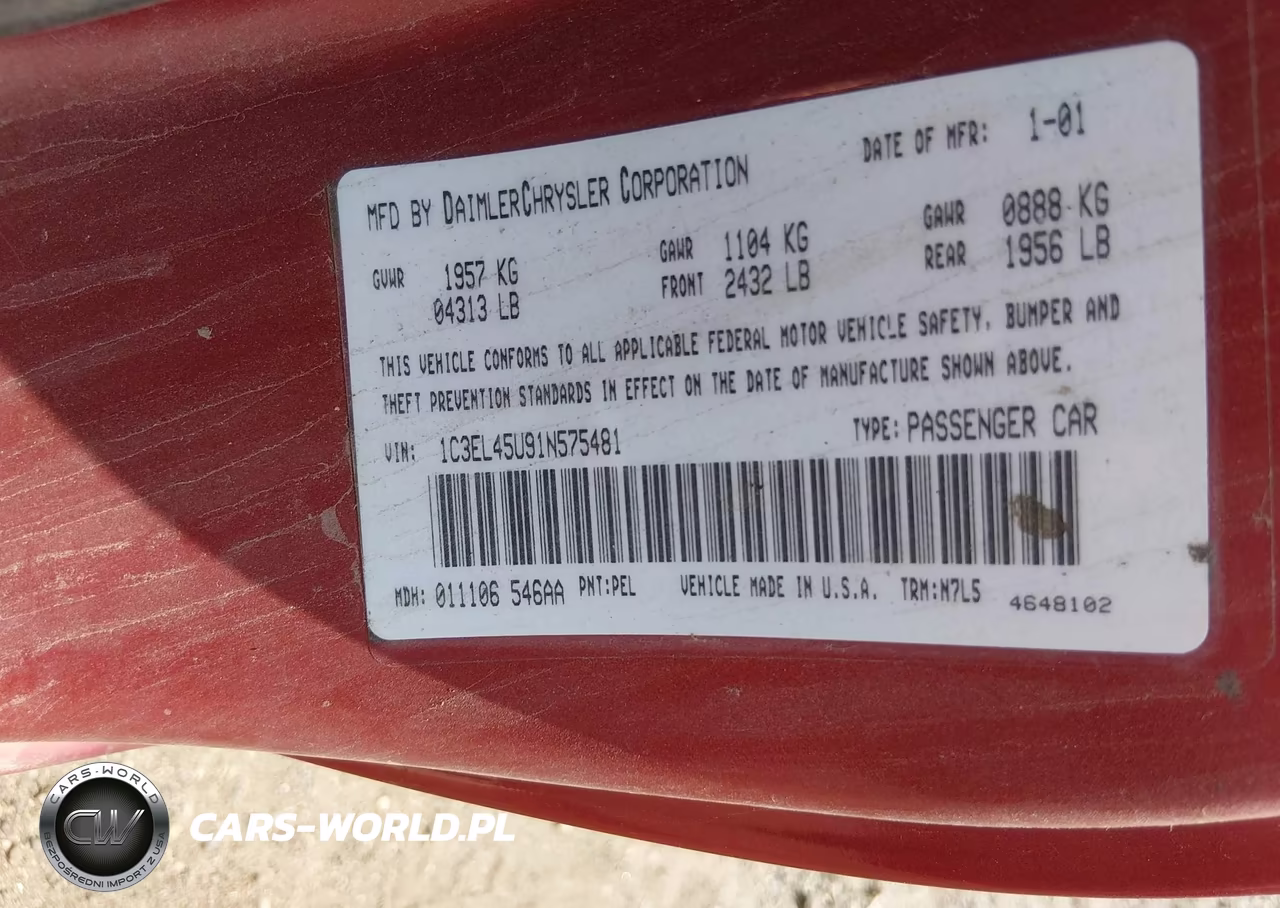 2001 Chrysler Sebring Lx VIN:1C3EL45U91N575481 - 9