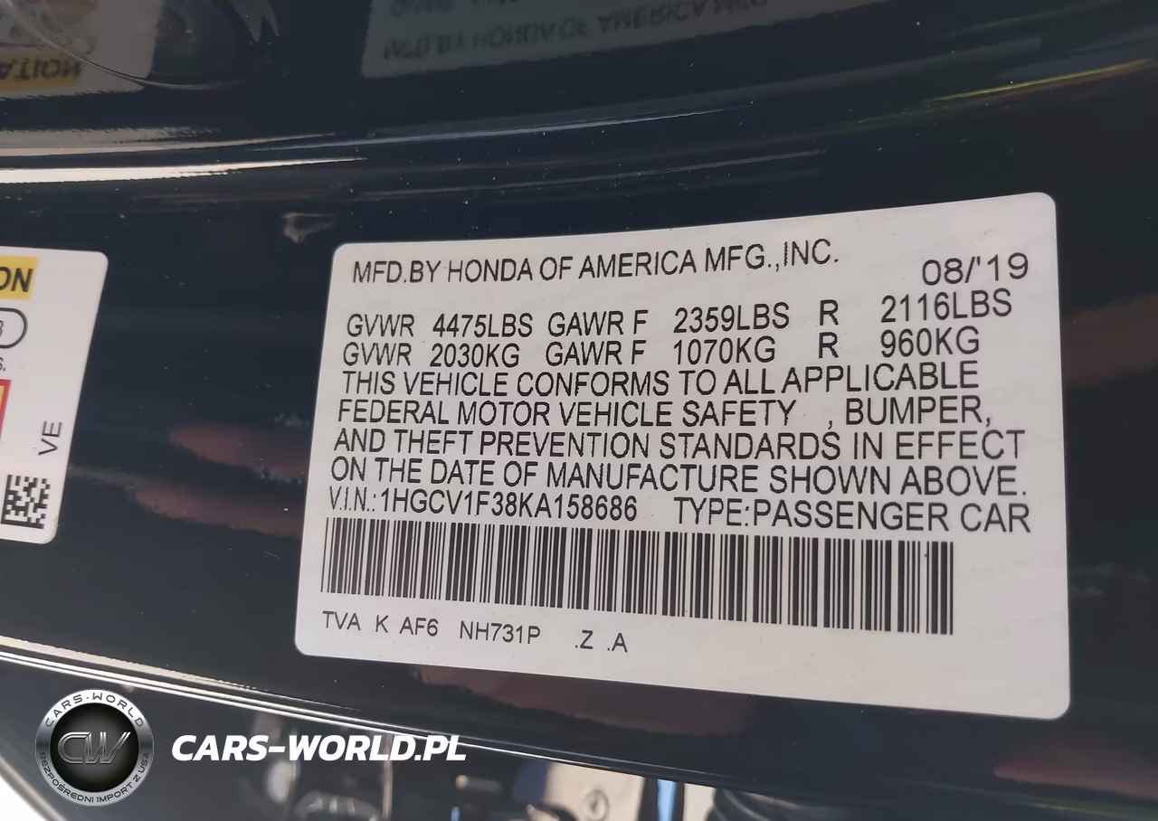 2019 Honda Accord Sport VIN:1HGCV1F38KA158686 - 9