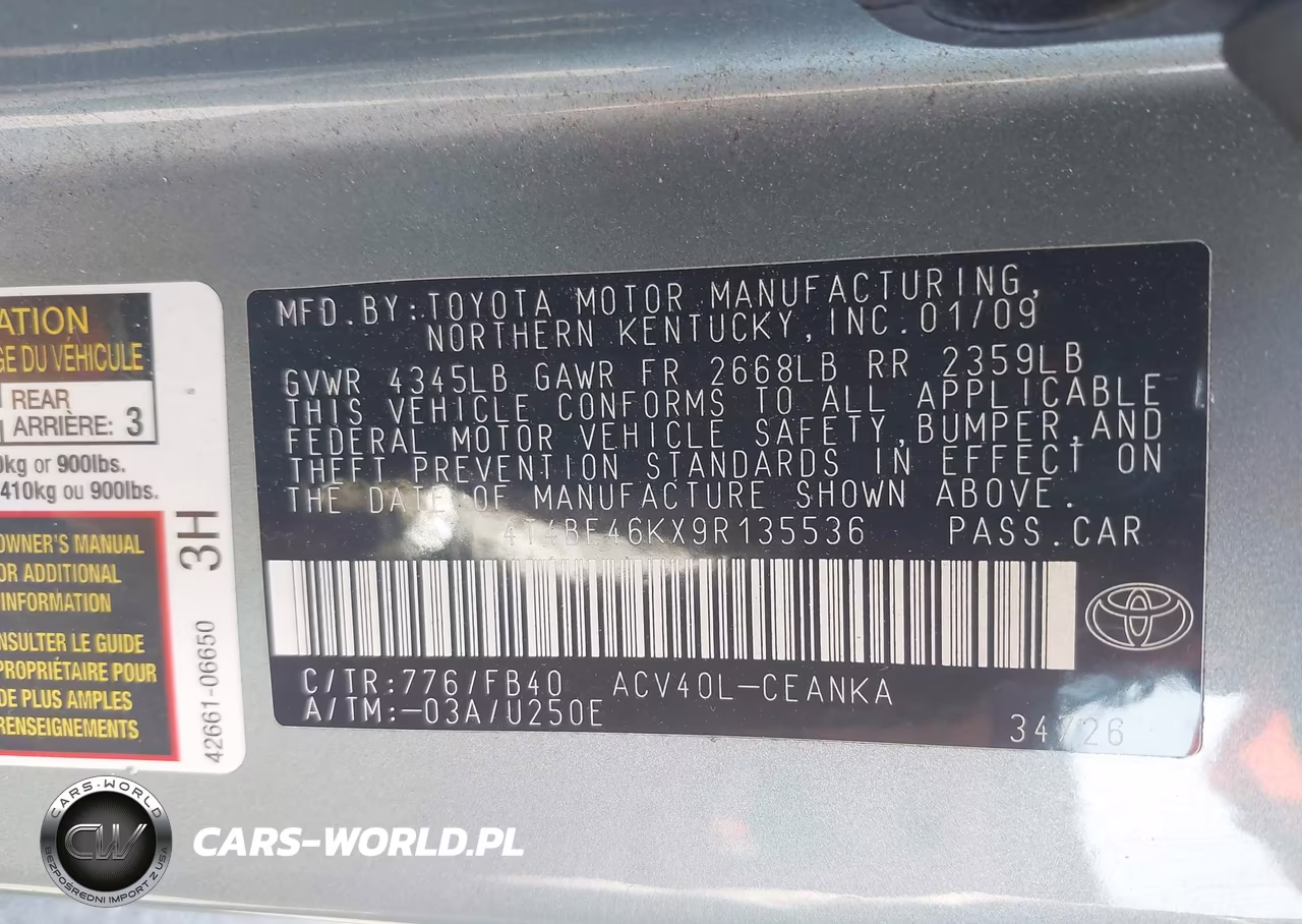 2009 Toyota Camry Le VIN:4T4BE46KX9R135536 - 9