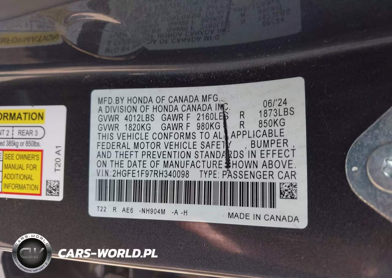 2024 Honda Civic Touring VIN:2HGFE1F97RH340098 - 9