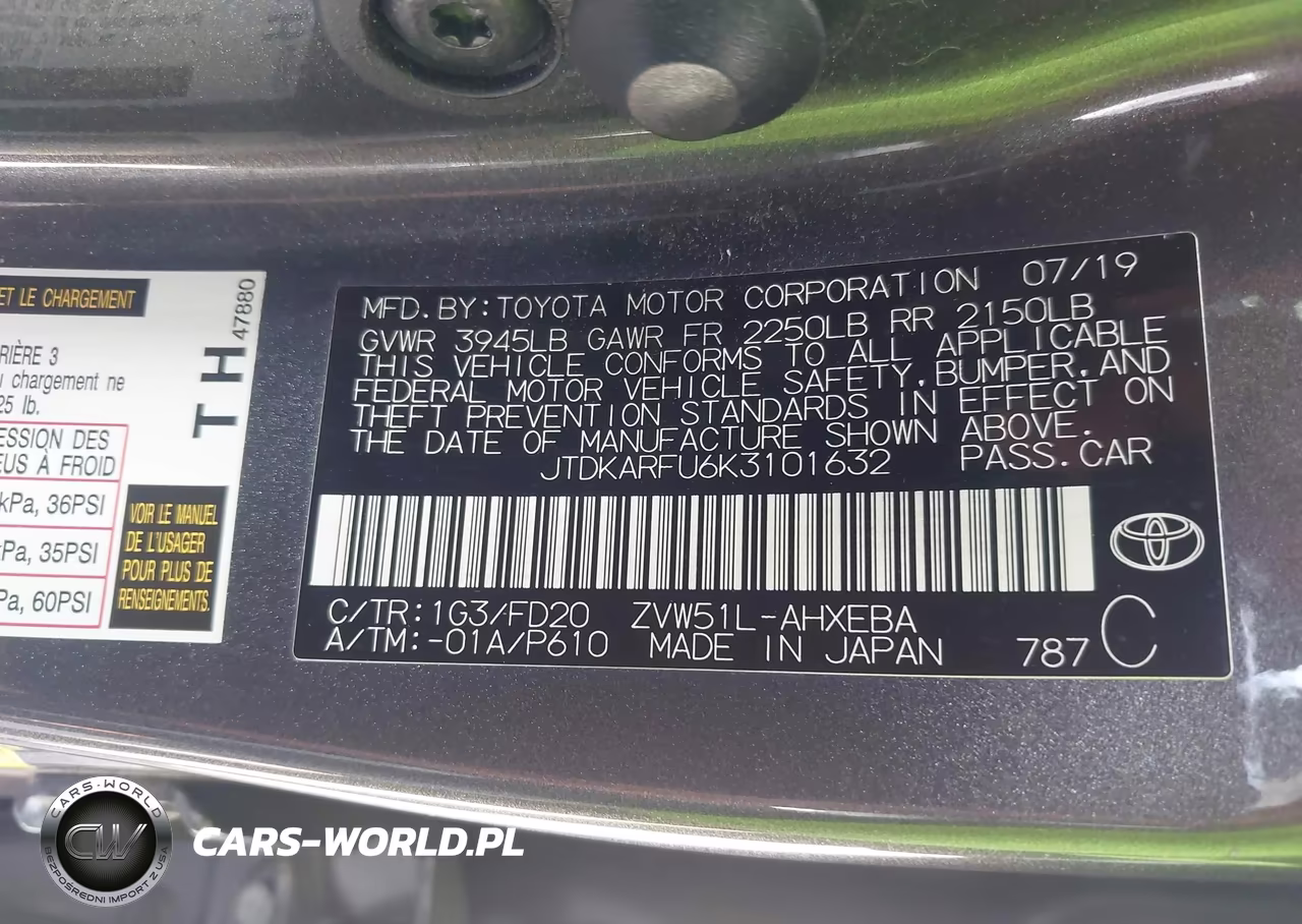 2019 Toyota Prius Le VIN:JTDKARFU6K3101632 - 9