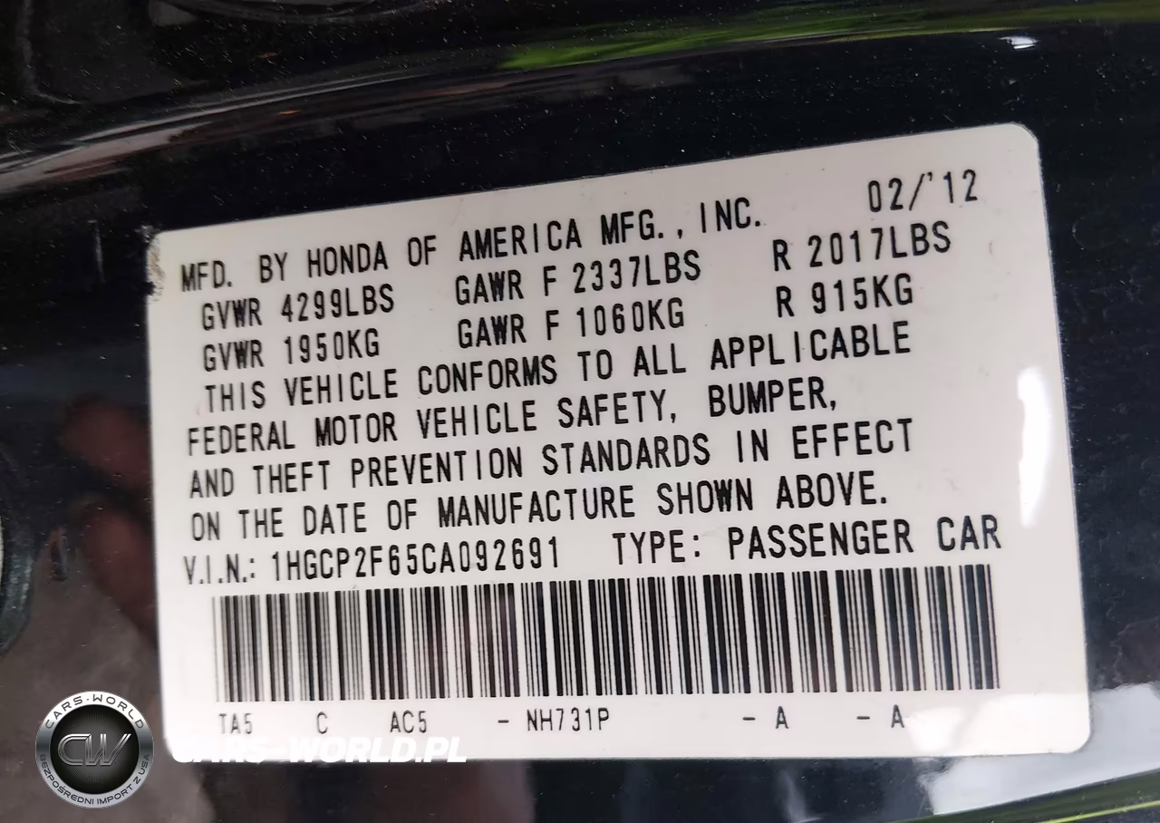 2012 Honda Accord 2.4 Se VIN:1HGCP2F65CA092691 - 9