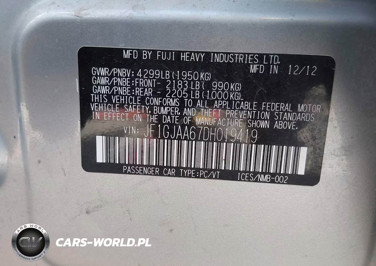 2013 Subaru Impreza 2.0I VIN:JF1GJAA67DH019419 - 9