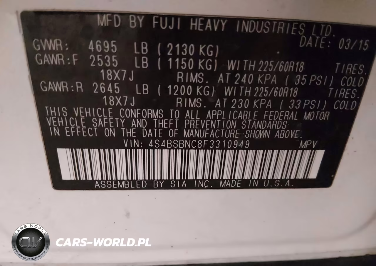 2015 Subaru Outback 2.5I Limited VIN:4S4BSBNC8F3310949 - 9