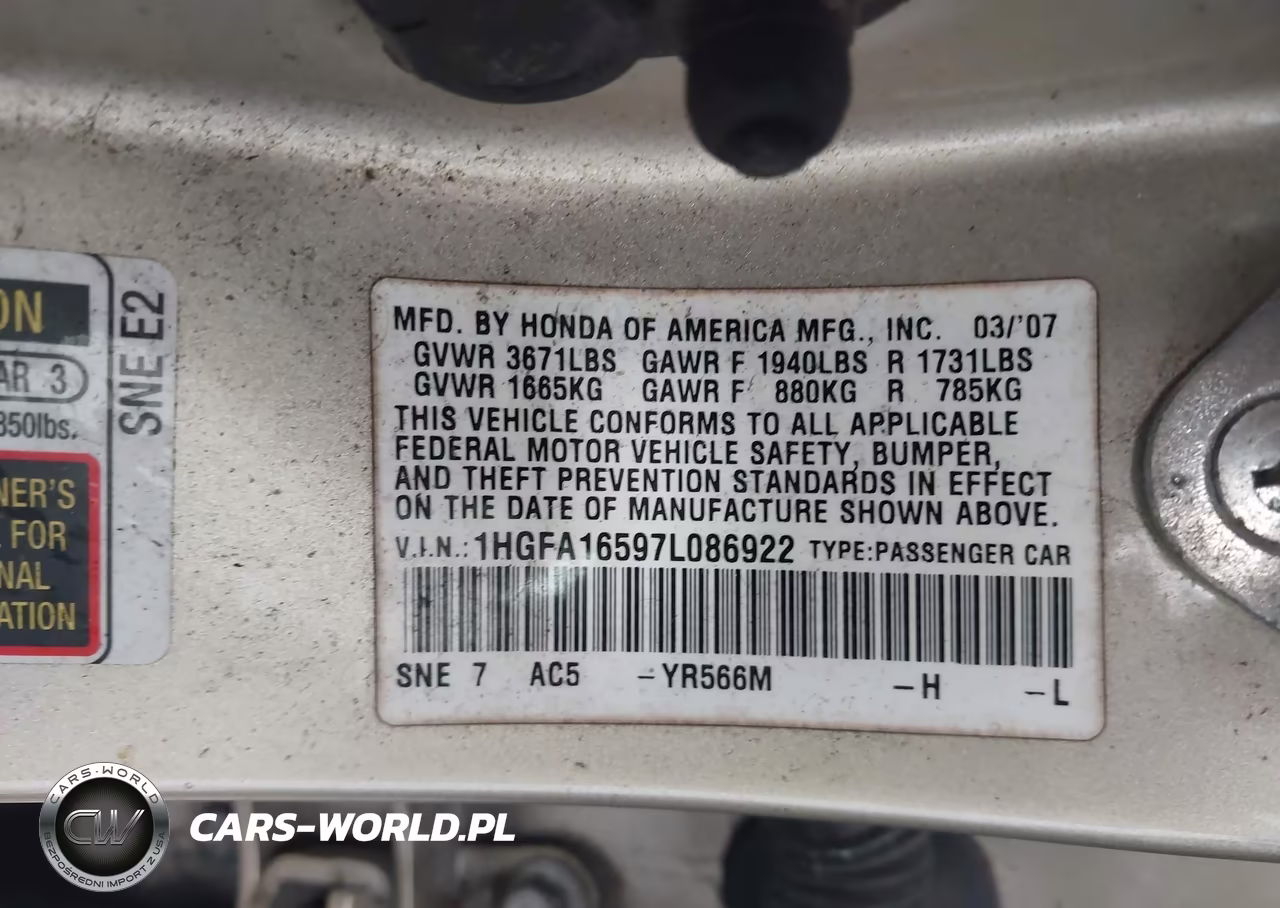 2007 Honda Civic Lx VIN:1HGFA16597L086922 - 9