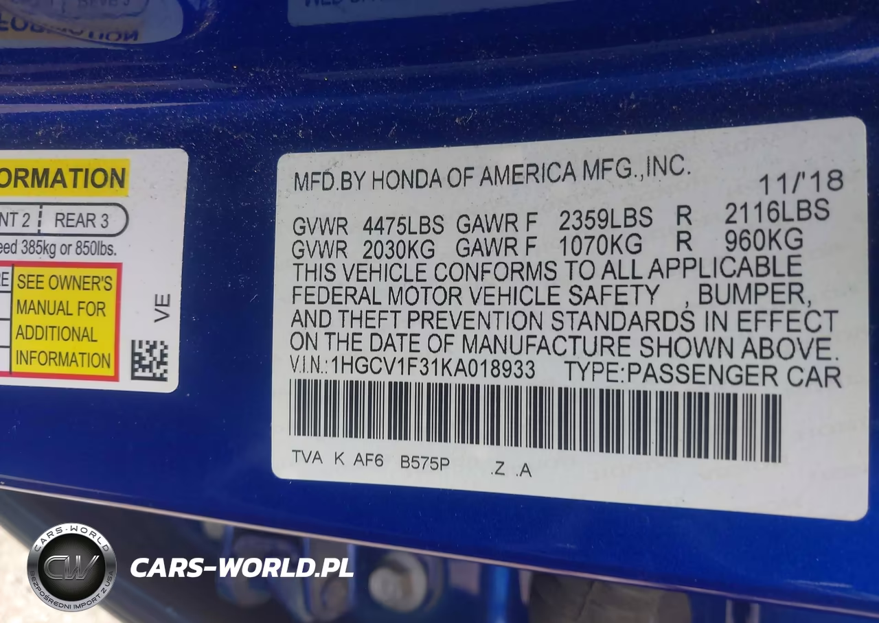 2019 Honda Accord Sport VIN:1HGCV1F31KA018933 - 9