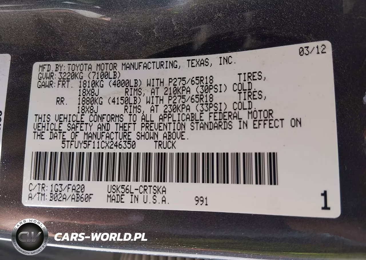 2012 Toyota Tundra Grade 5.7L V8 VIN:5TFUY5F11CX246350 - 9