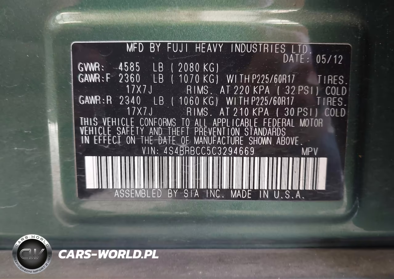 2012 Subaru Outback 2.5I Premium VIN:4S4BRBCC5C3294669 - 9