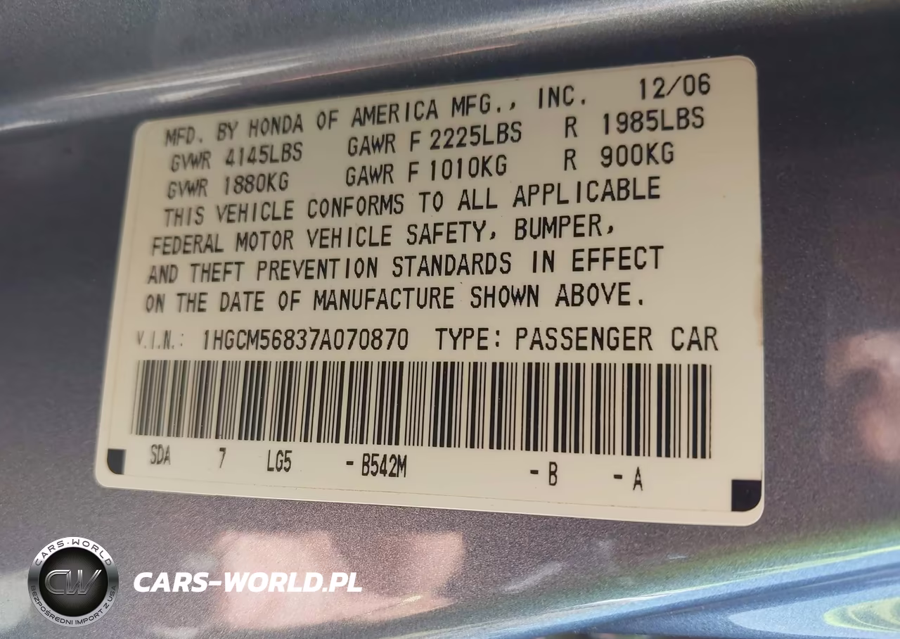 2007 Honda Accord 2.4 Ex VIN:1HGCM56837A070870 - 9