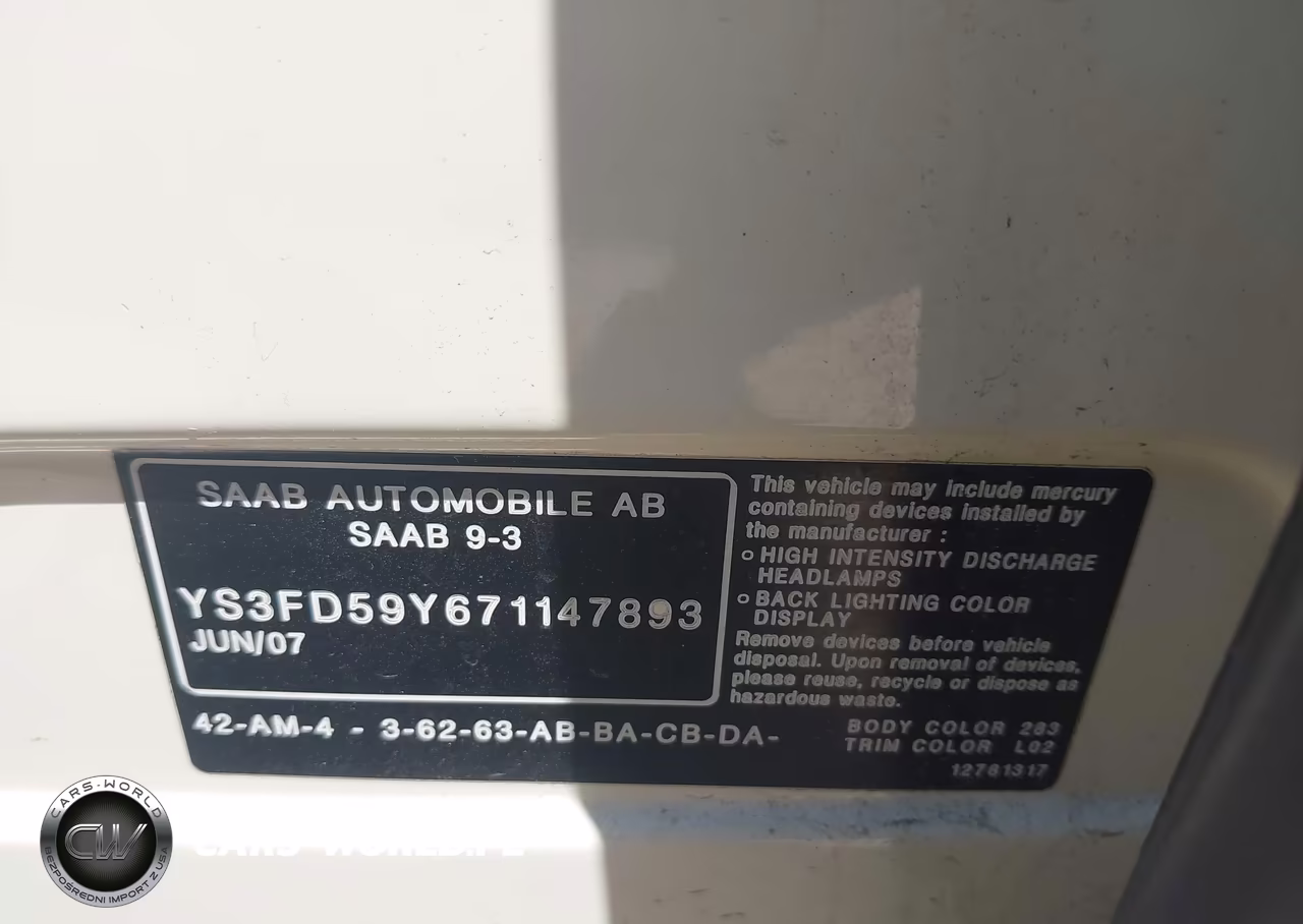 2007 Saab 9-3 2.0T VIN:YS3FD59Y671147893 - 9