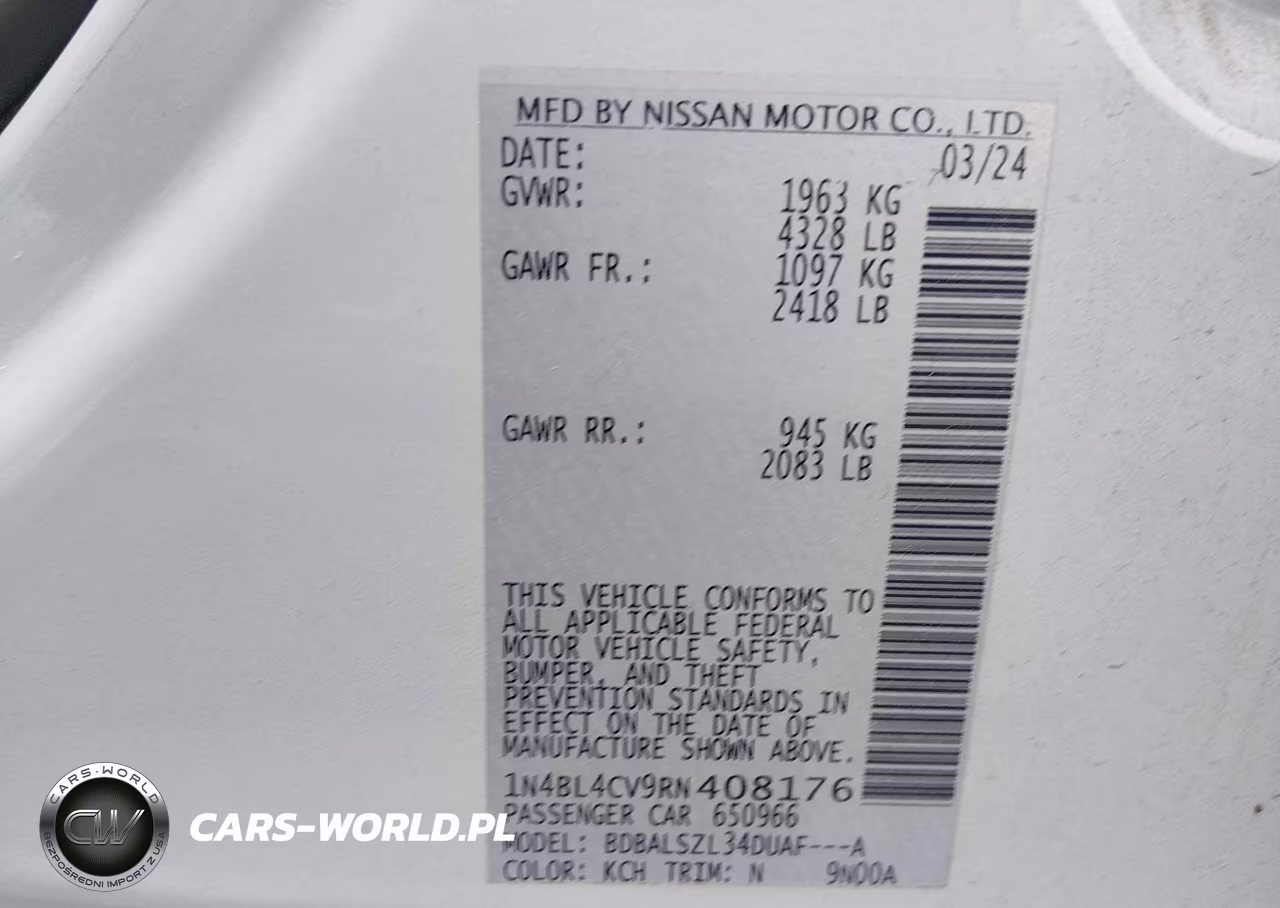 2024 Nissan Altima Sr Fwd VIN:1N4BL4CV9RN408176 - 9